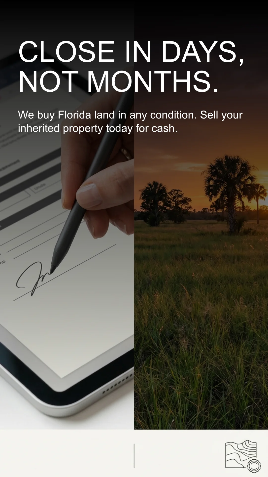 Close Florida land sale in days not months - digital signature on tablet next to Florida vacant land at sunset