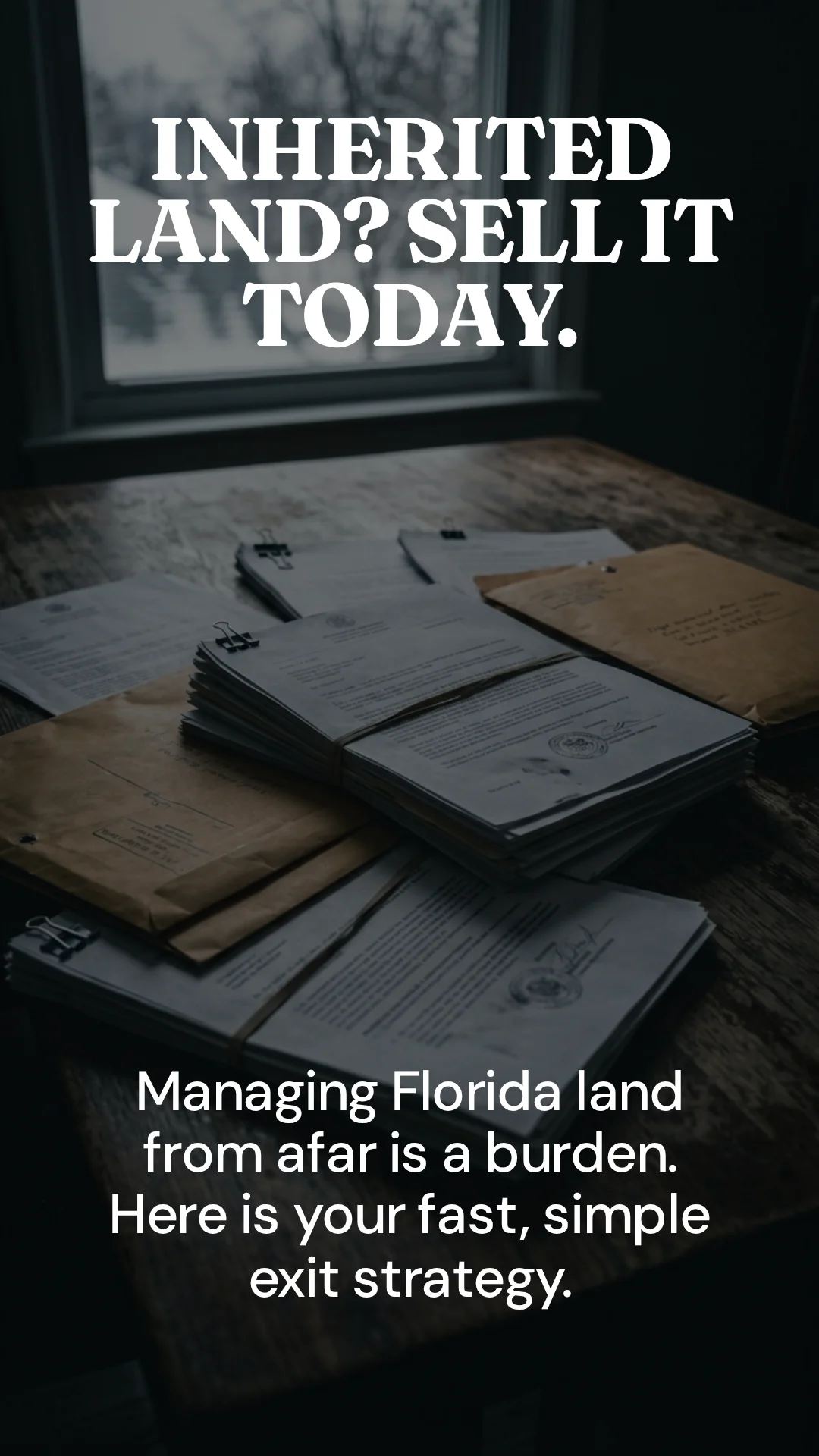 Sell inherited land in Florida fast - stack of estate documents and legal papers for probate land sale