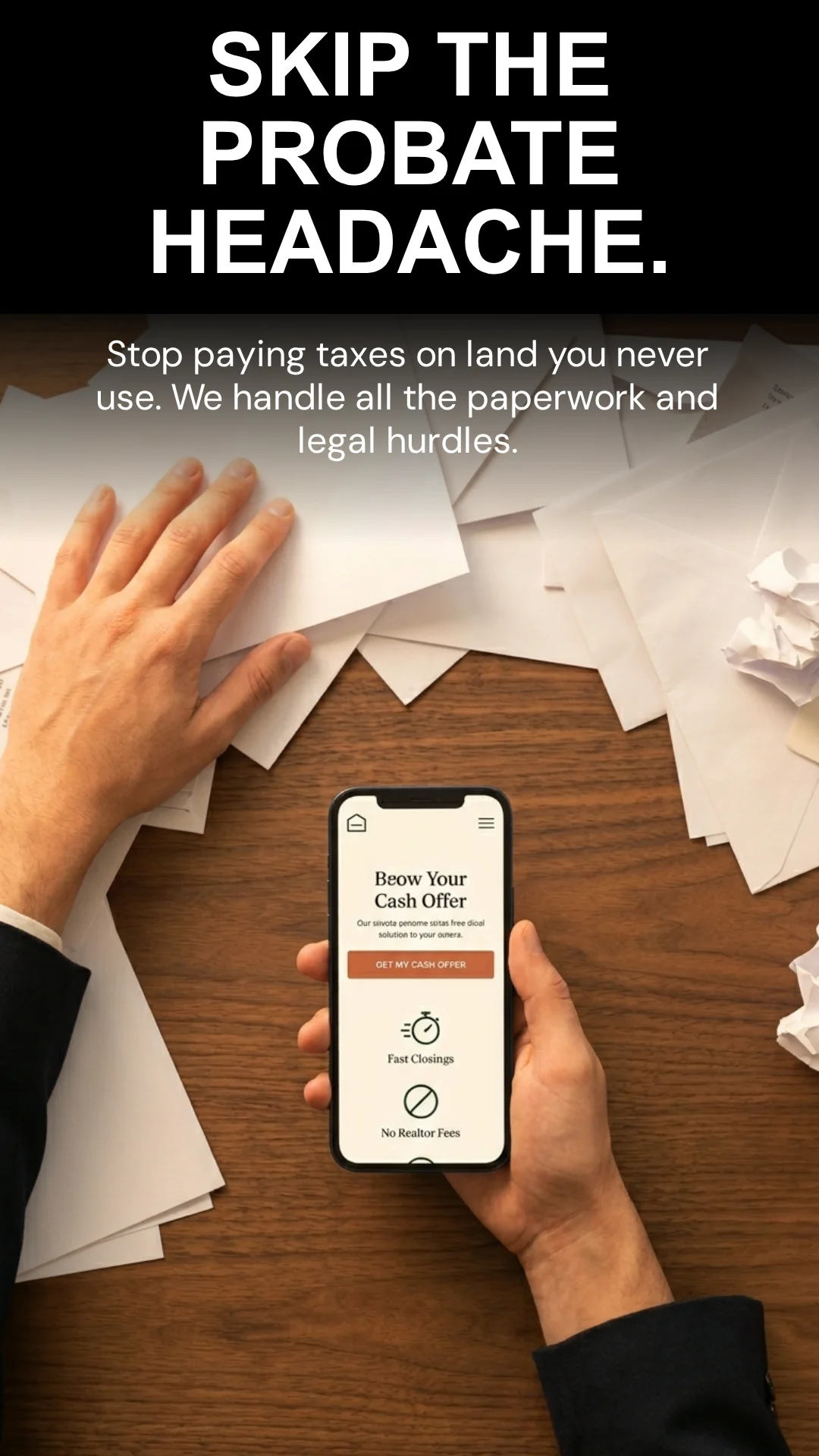 Skip probate headaches when selling Florida land - person using phone to get instant cash offer while surrounded by paperwork